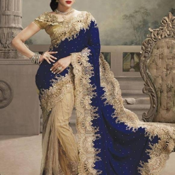 Saree for women velvet and net blue colour