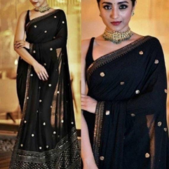 Black Color Georgette With Embroidery Work Saree With Banglori Silk Blouse PieceXXX013142453N    