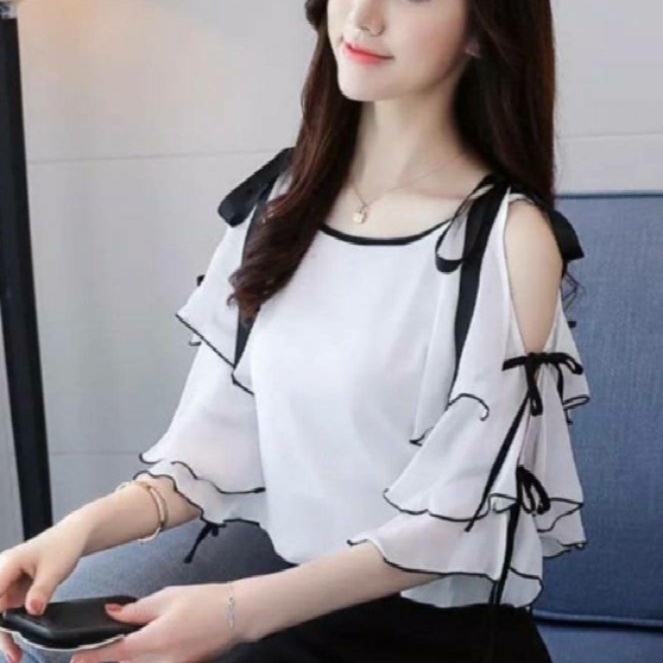 Raabta RWT-01019 White Cold Shoulder Top With Black Knotes.WLC010088456N