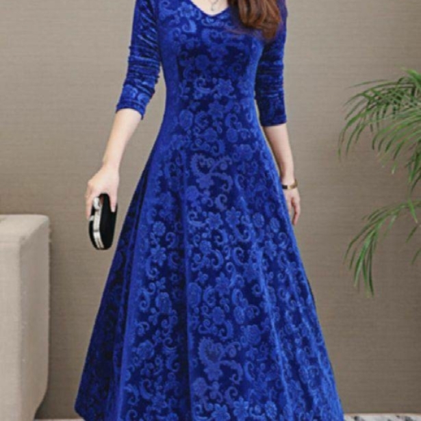 STF- ROYAL BLUE PRINTED VELVET Long Dress.     WDR009289604N 