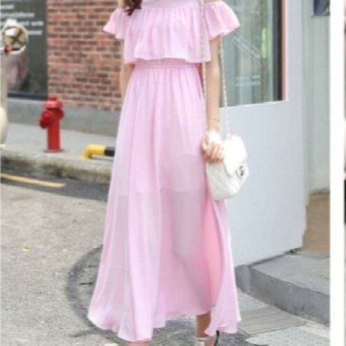 

 Women's Pink Cold Shoulder Long Dress    WDR010701821N
