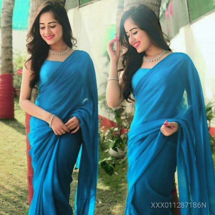 Color Bucket Sky Blue chiffon plane designer saree. XXX011287186N 