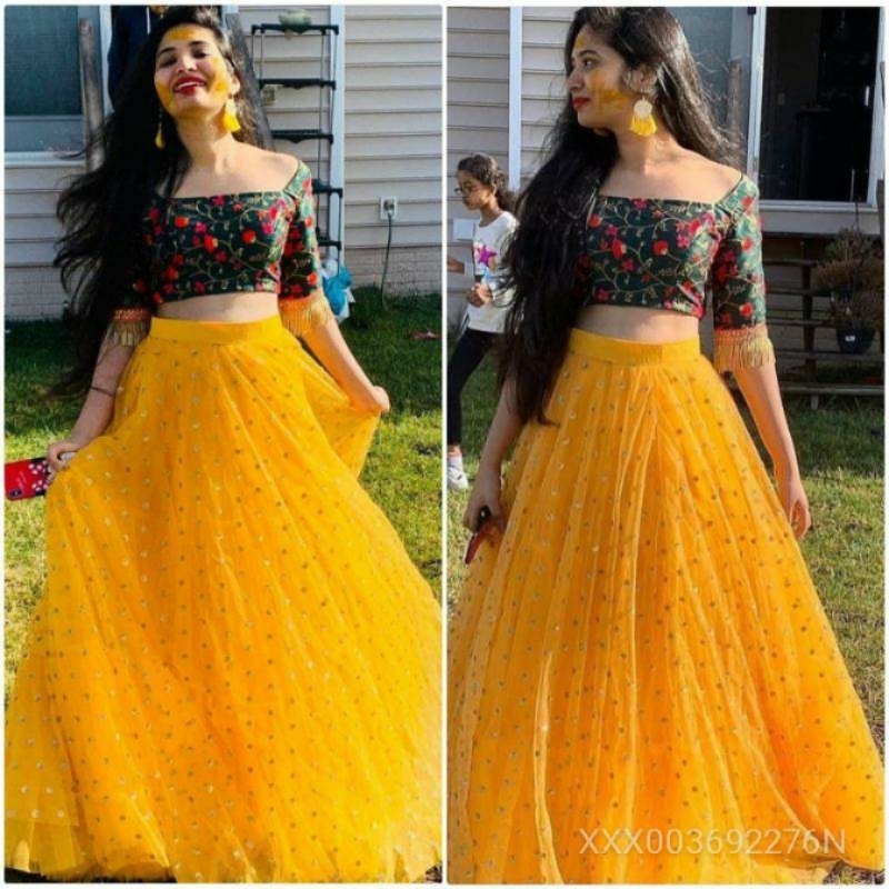 Color Bucket Yellow Net Semi Stitched Embroidery Lehenga  Free Size Choli for women.    XXX003692276N