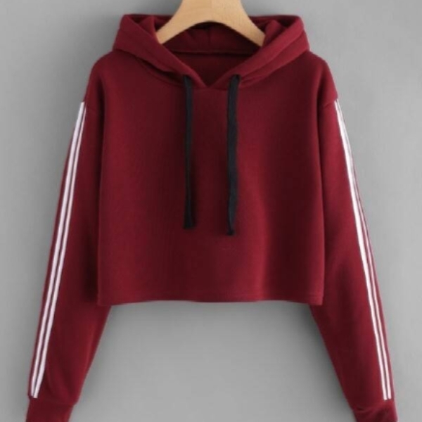 Women Striped Sleeve Crop Maroon Hoodie WWH006197873N  