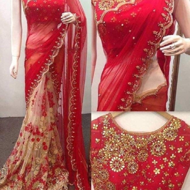 Women's and Girls Georgette and Net Embroidered half and half saree with embroidered blouseXXX011947359N    