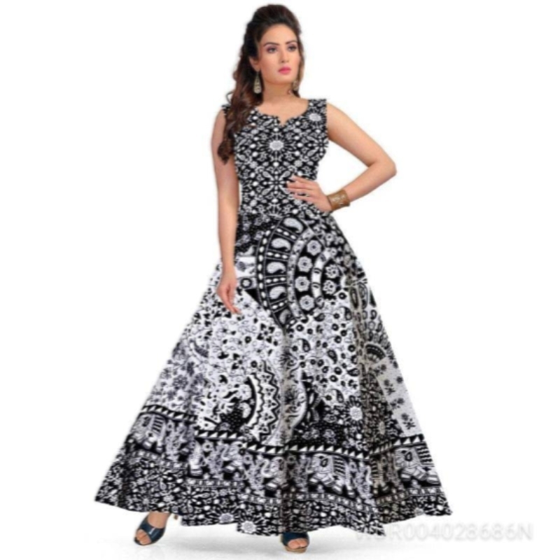 Unique choice cotton black printed and white maxi dress for women WDR004028686N 