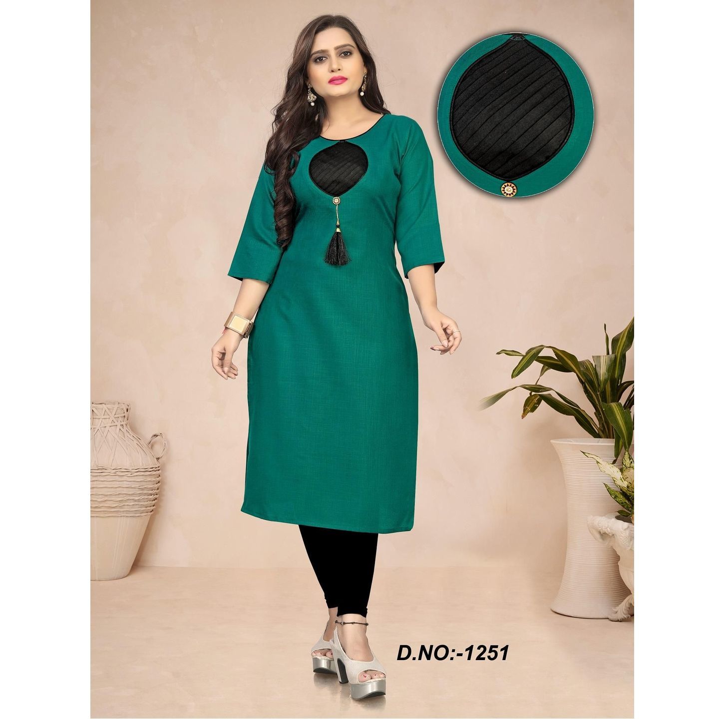Fancy Solid Cotton Calf Length Kurti (Code: C1960450)