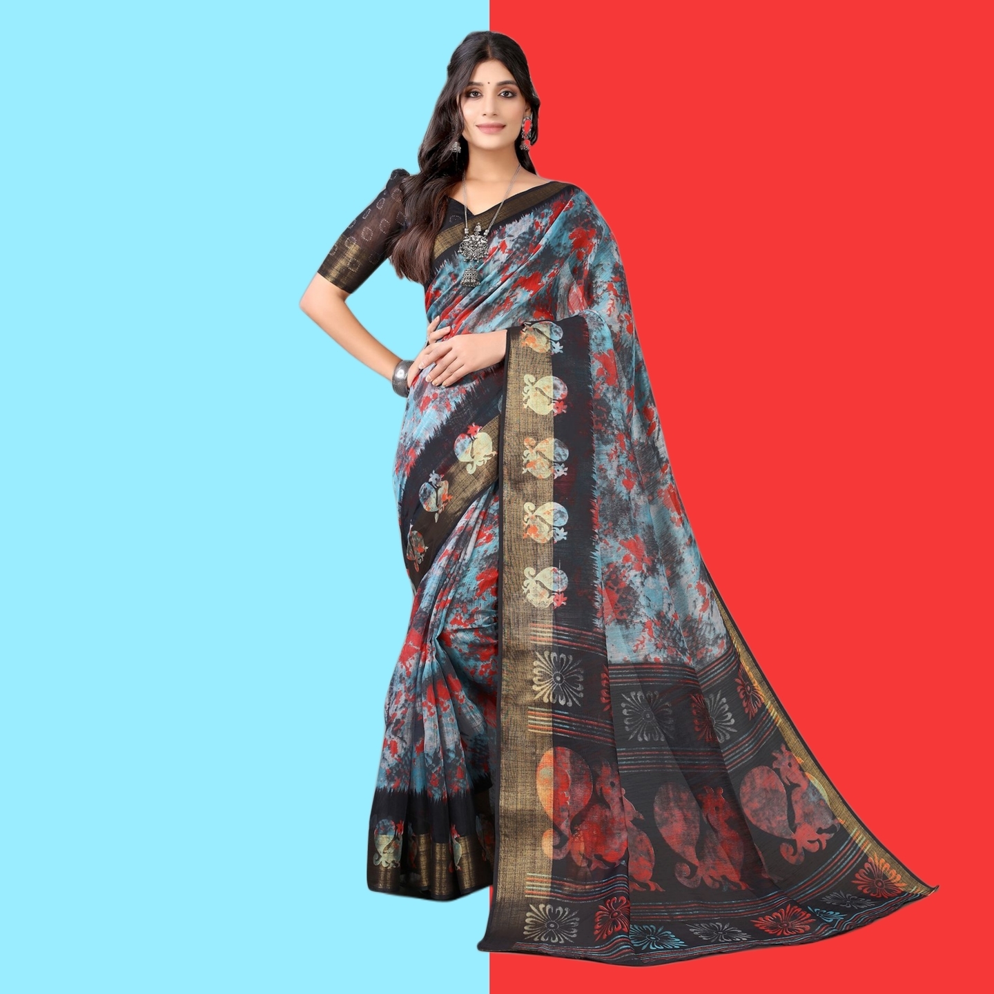 Elegant Floral Print Polycotton Saree Code C2237902