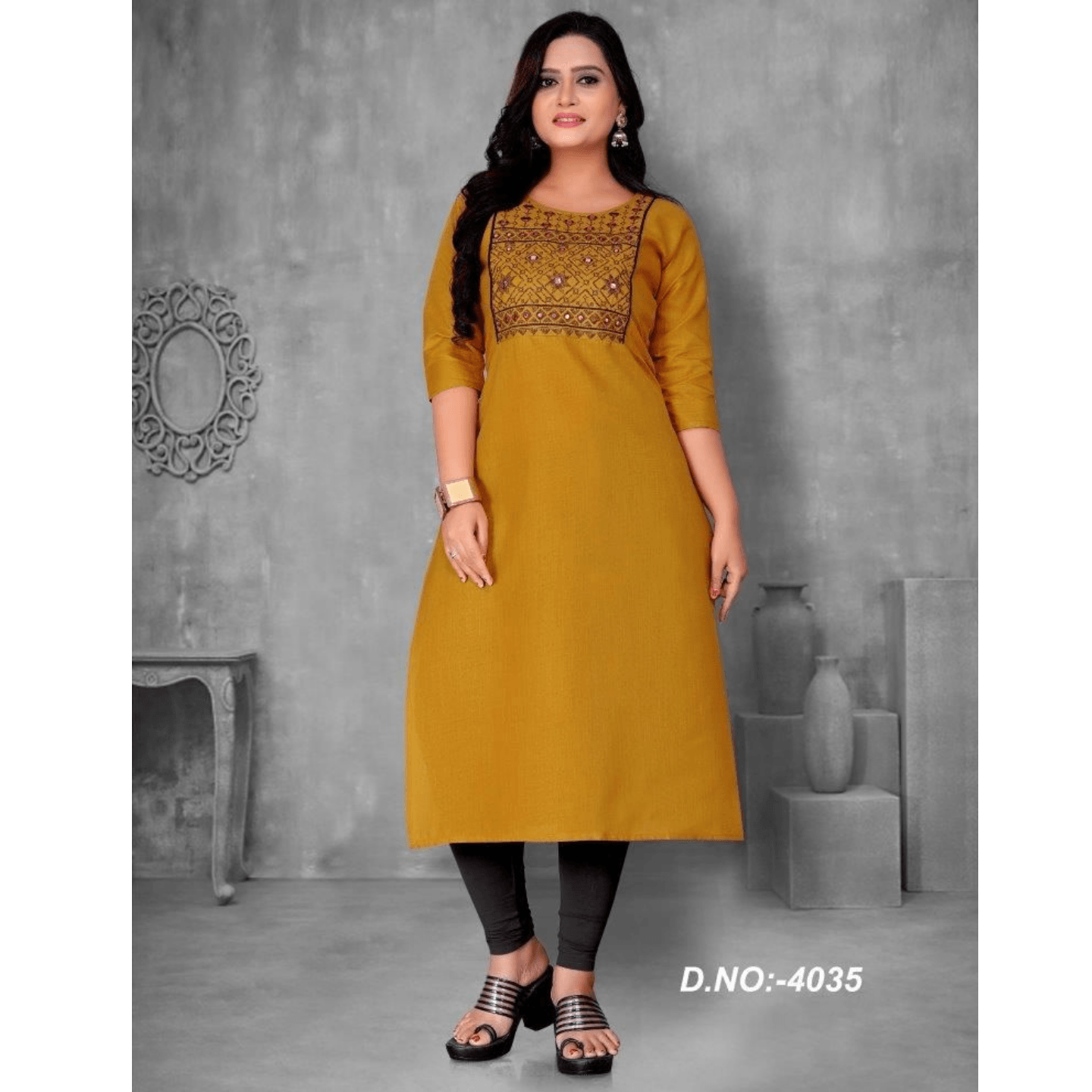 Premium Embroidered Cotton Calf Length Kurti Code C1762289