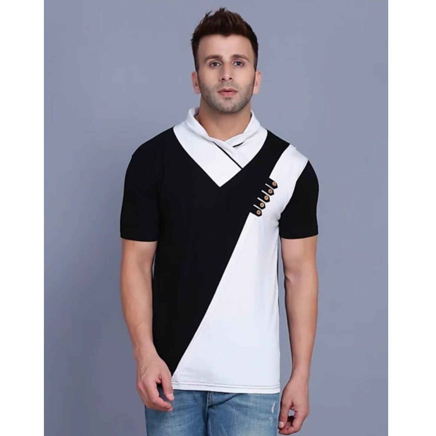 Cotton Linen Blend Color Block Half Sleeves Mens Round Neck T-Shirt (Code: C1383053)