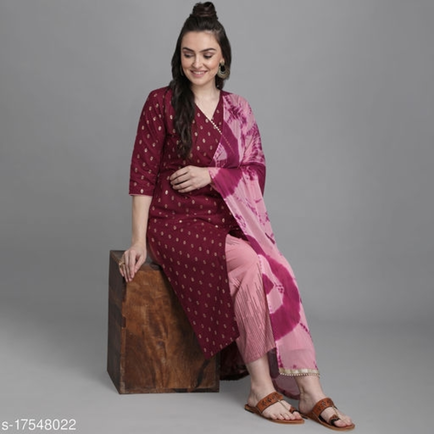 Women Cotton Straight Printed Long Kurti With Palazzos