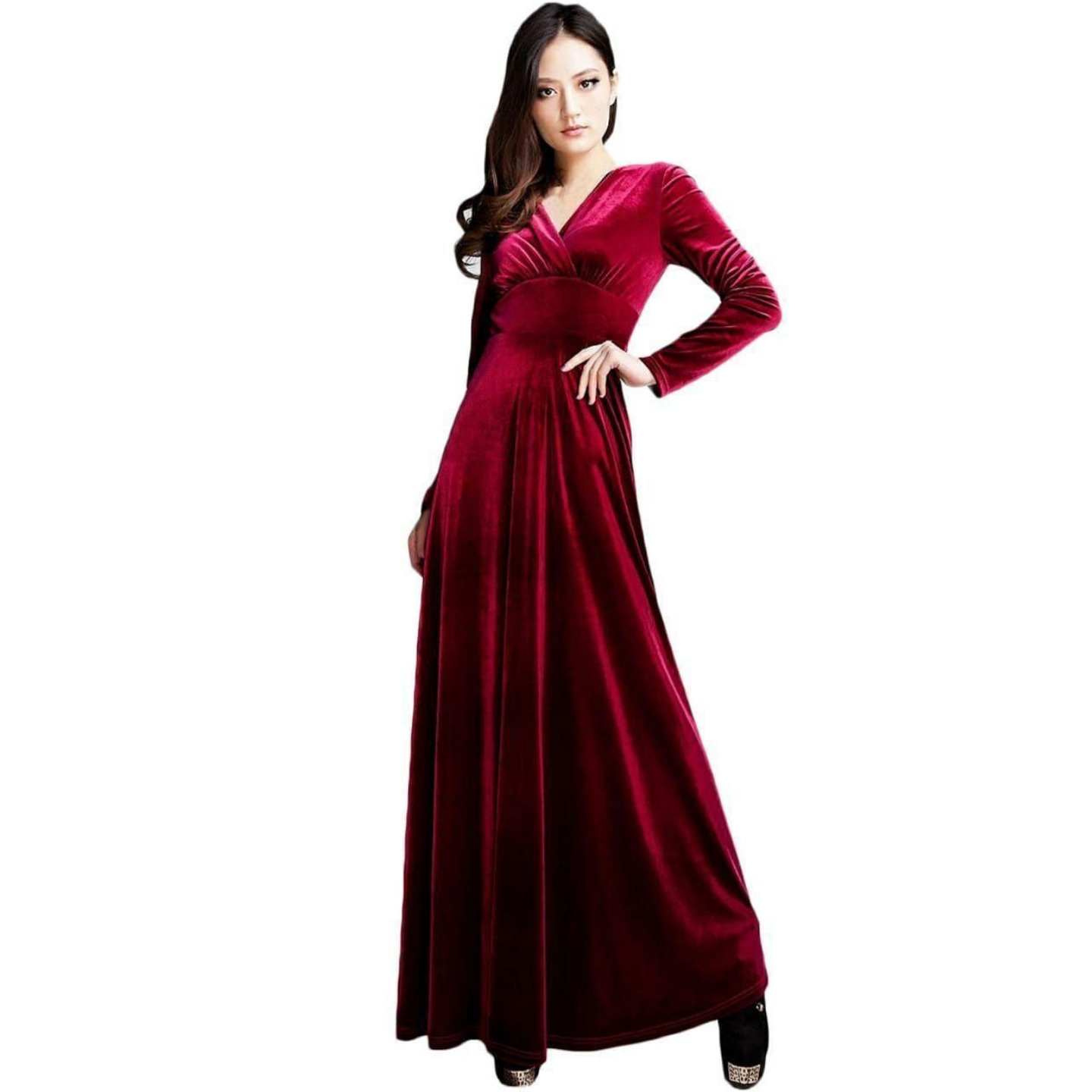 Women's MAROON V-NECK VELVET Solid Gown (Code: C1174107)