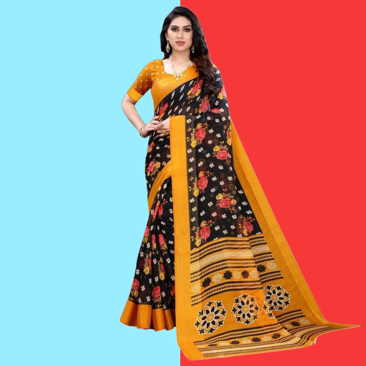Stunning Printed Cotton Blend Saree Code C1904341