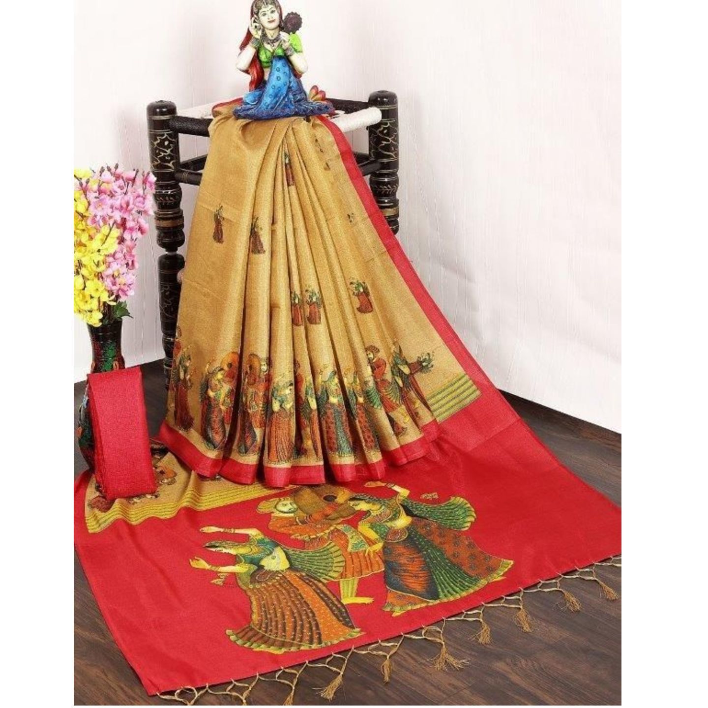Elegant Kalamkari Print Khadi Silk Saree With Tassels (Code: C1728706)