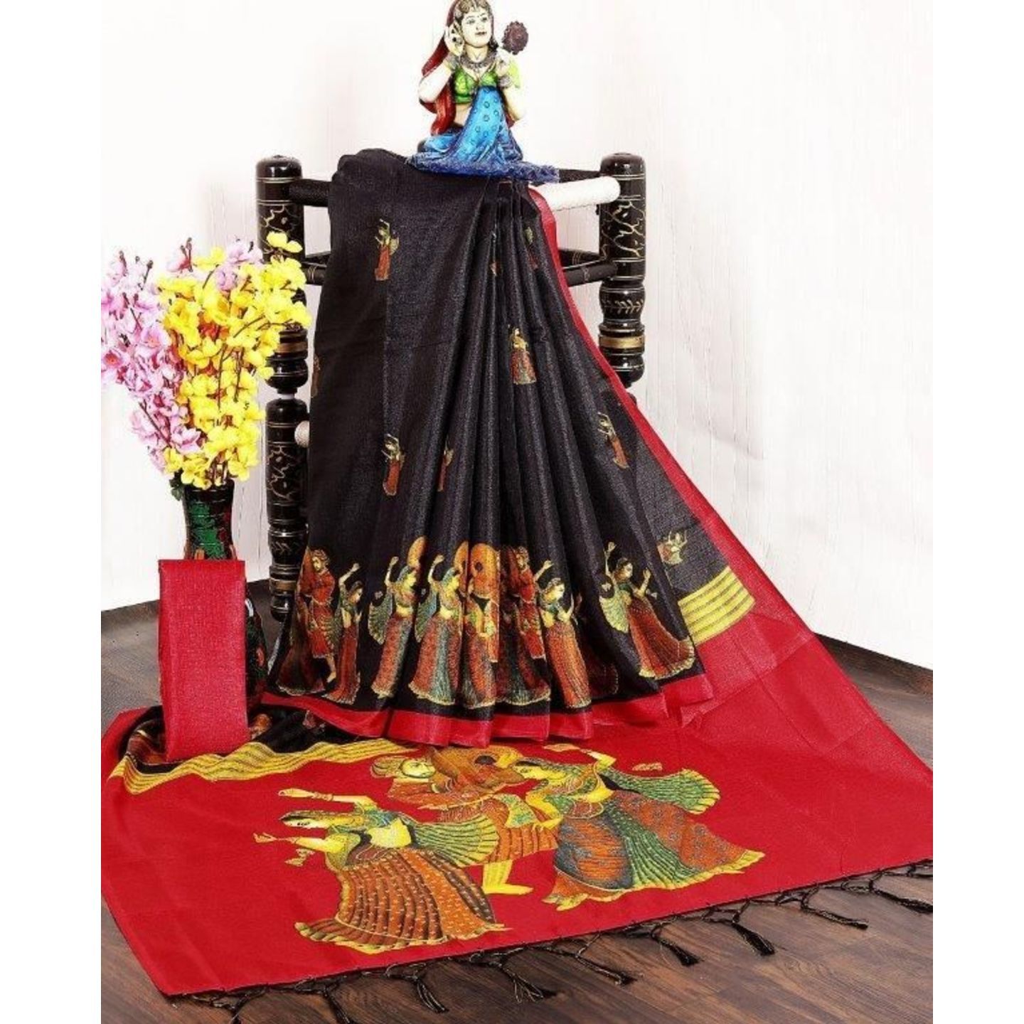 Elegant Kalamkari Print Khadi Silk Saree With Tassels (Code: C1728705)
