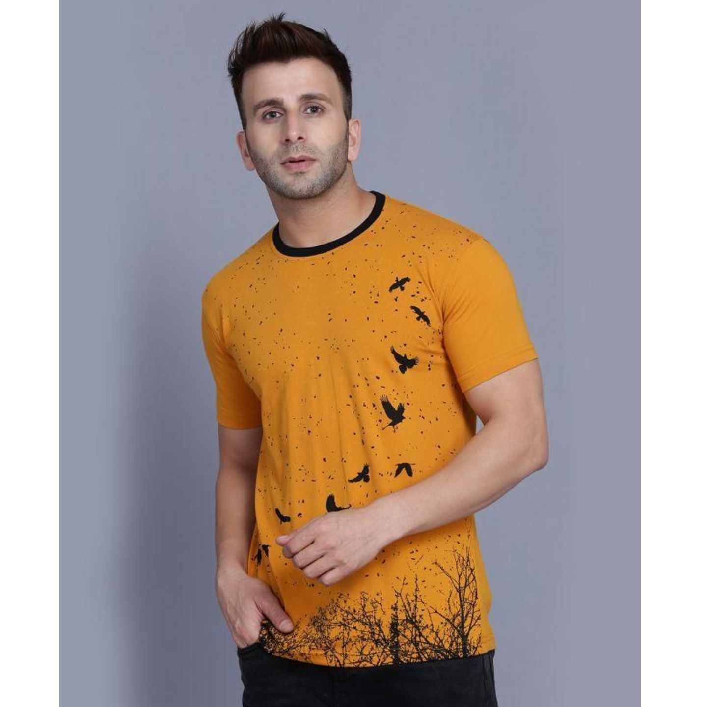 Cotton Linen Blend Printed Half Sleeves Mens Round Neck T-Shirt (Code: C1348404)