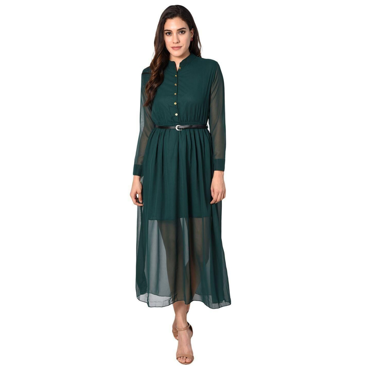 Women's BOTTLE GREEN Georgette Pleated Dress (Code: C1092918
