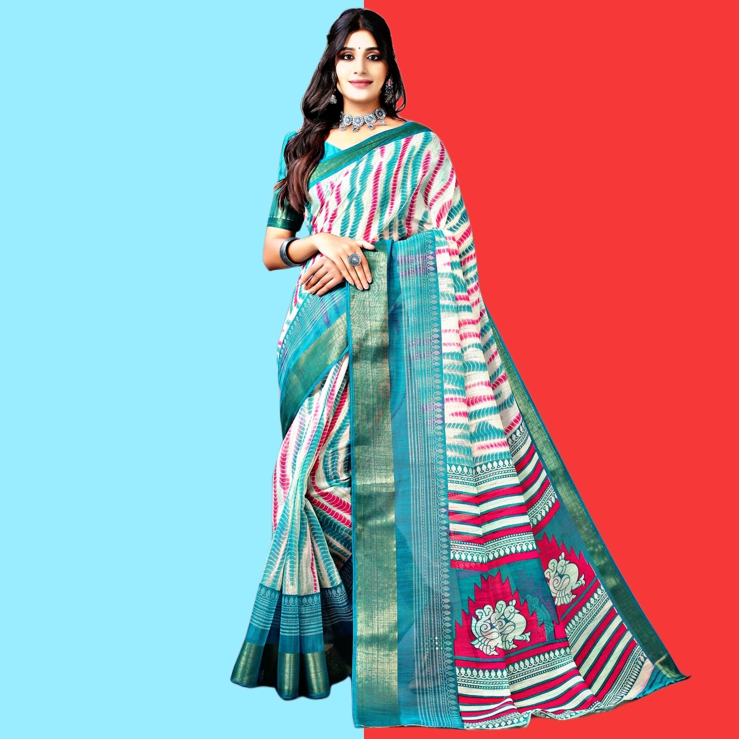 Elegant Floral Print Polycotton Saree Code C2237901