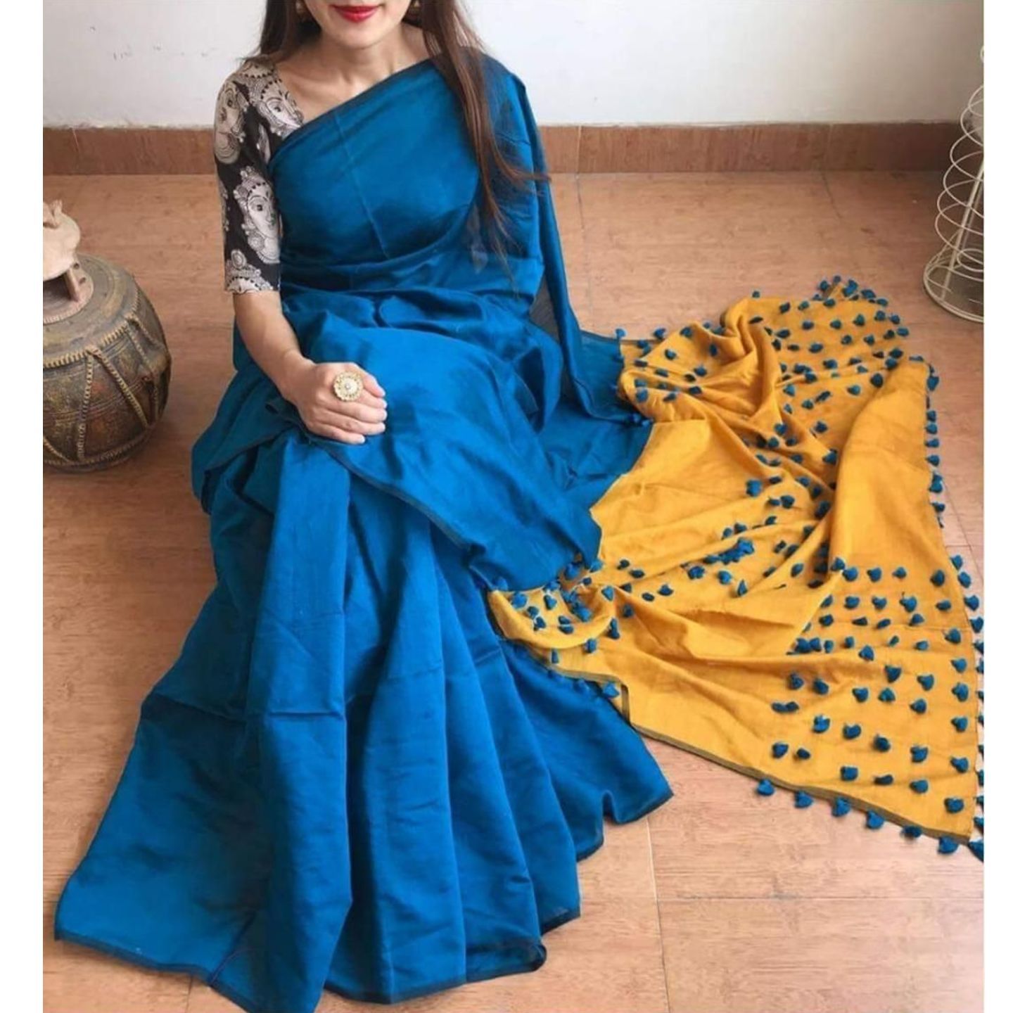 Varnam New Solid Cotton Silk Saree With Pompom Work (Code: C1498144)