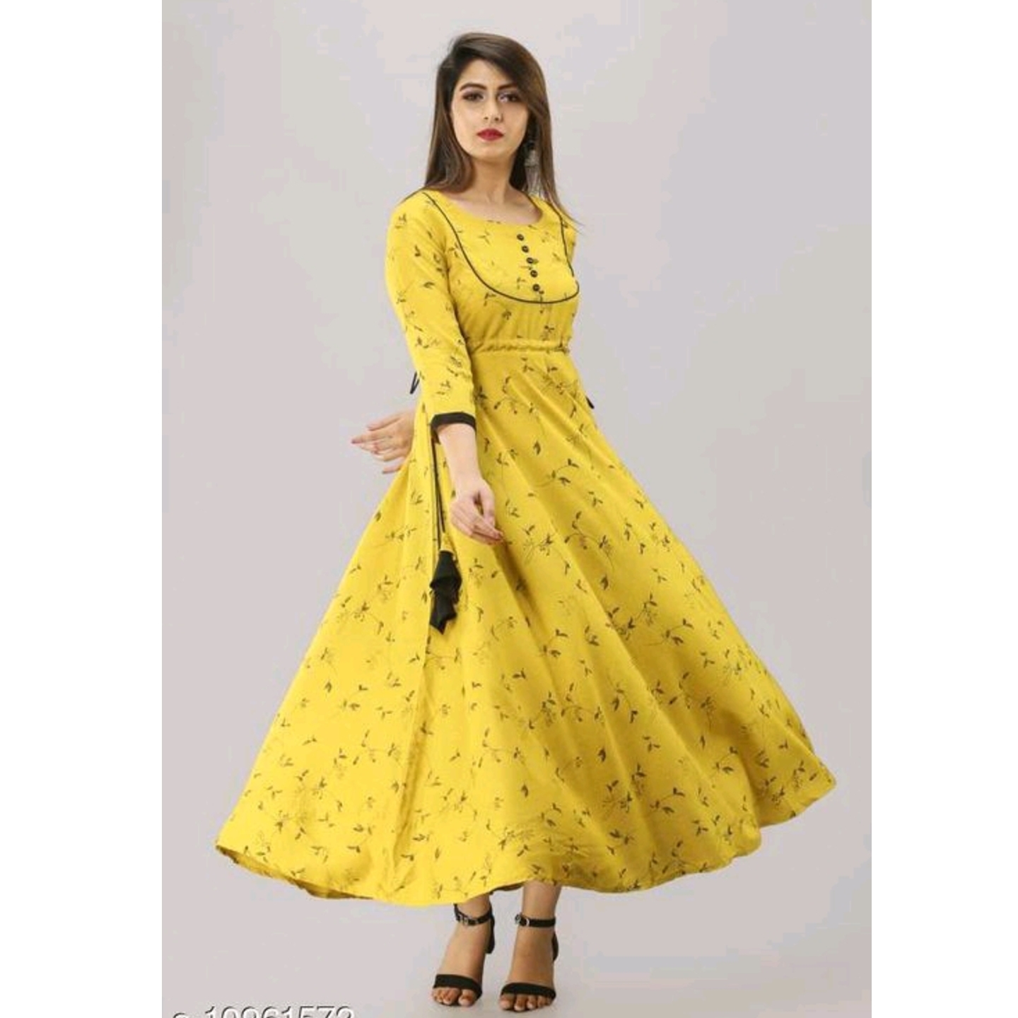 Women Printed Cotton Rayon Blend Flared Kurta with stylish black piping