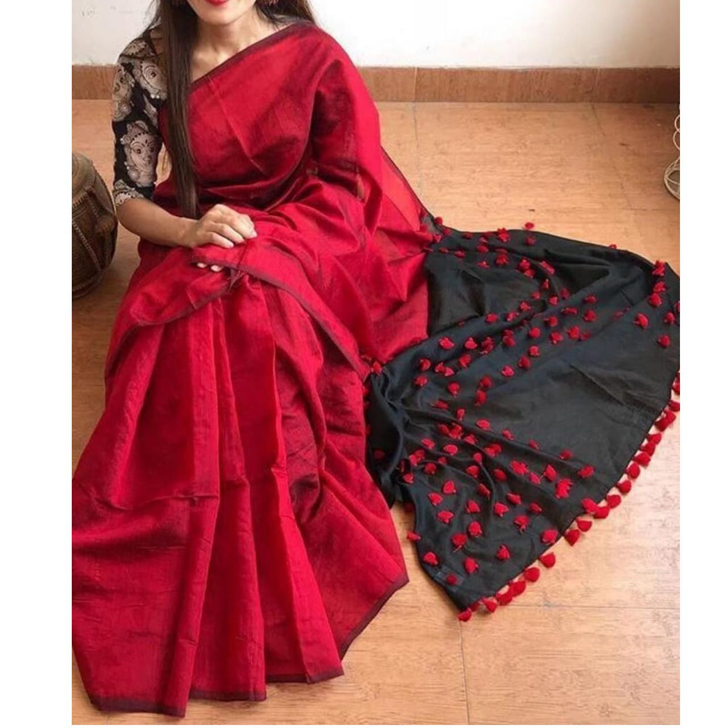 Varnam New Solid Cotton Silk Saree With Pompom Work (Code: C1498143)