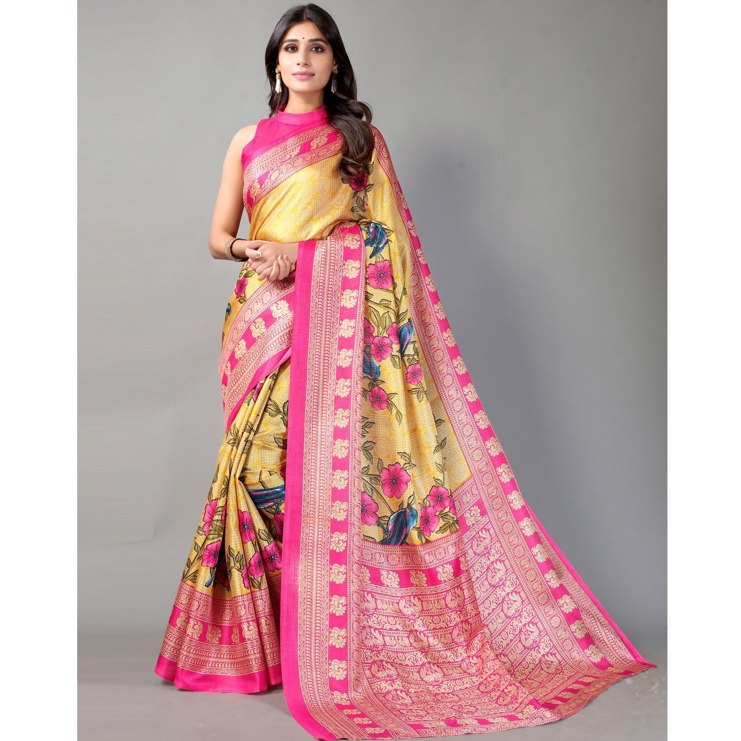 Delicate Floral Print Cotton Silk Saree (Code: C2236840)