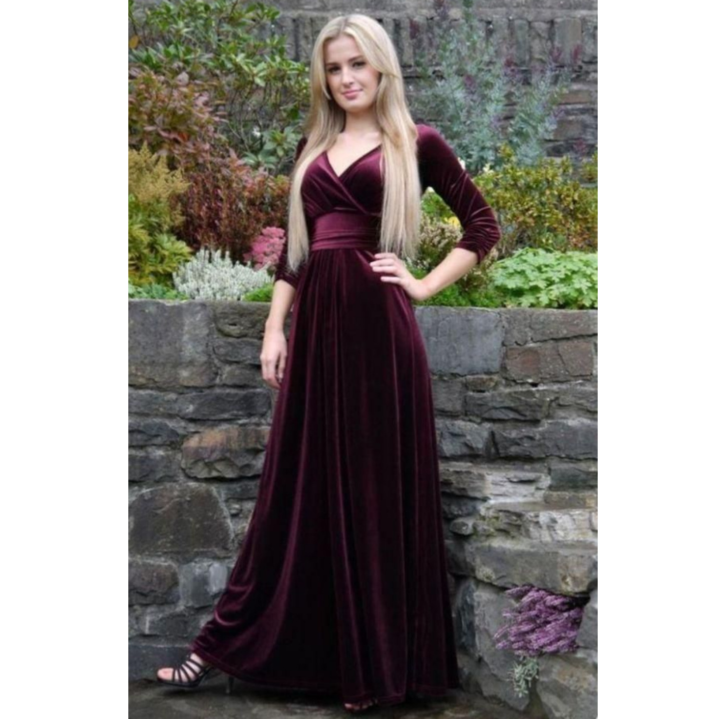 Women's MAROON V-NECK VELVET Solid Gown (Code: C1174108
