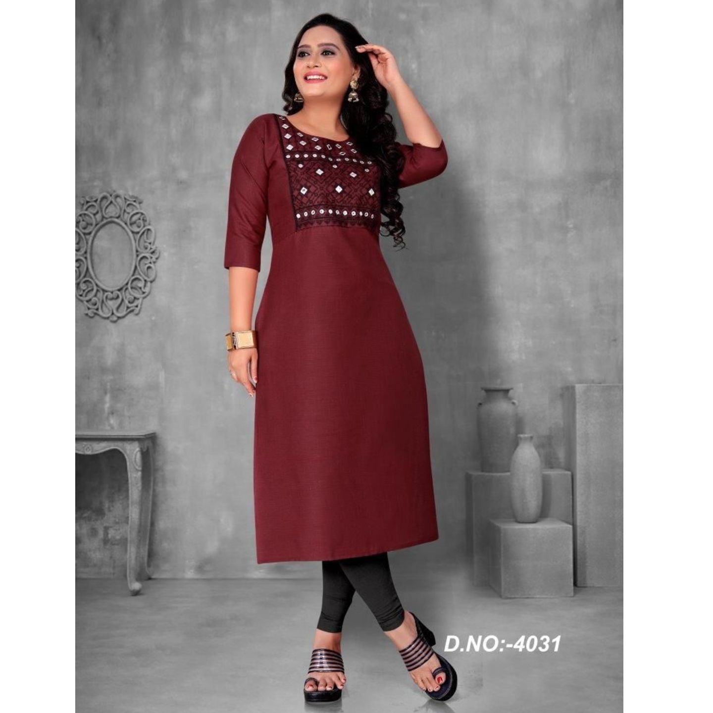 Premium Embroidered Cotton Calf Length Kurti Code C1762285