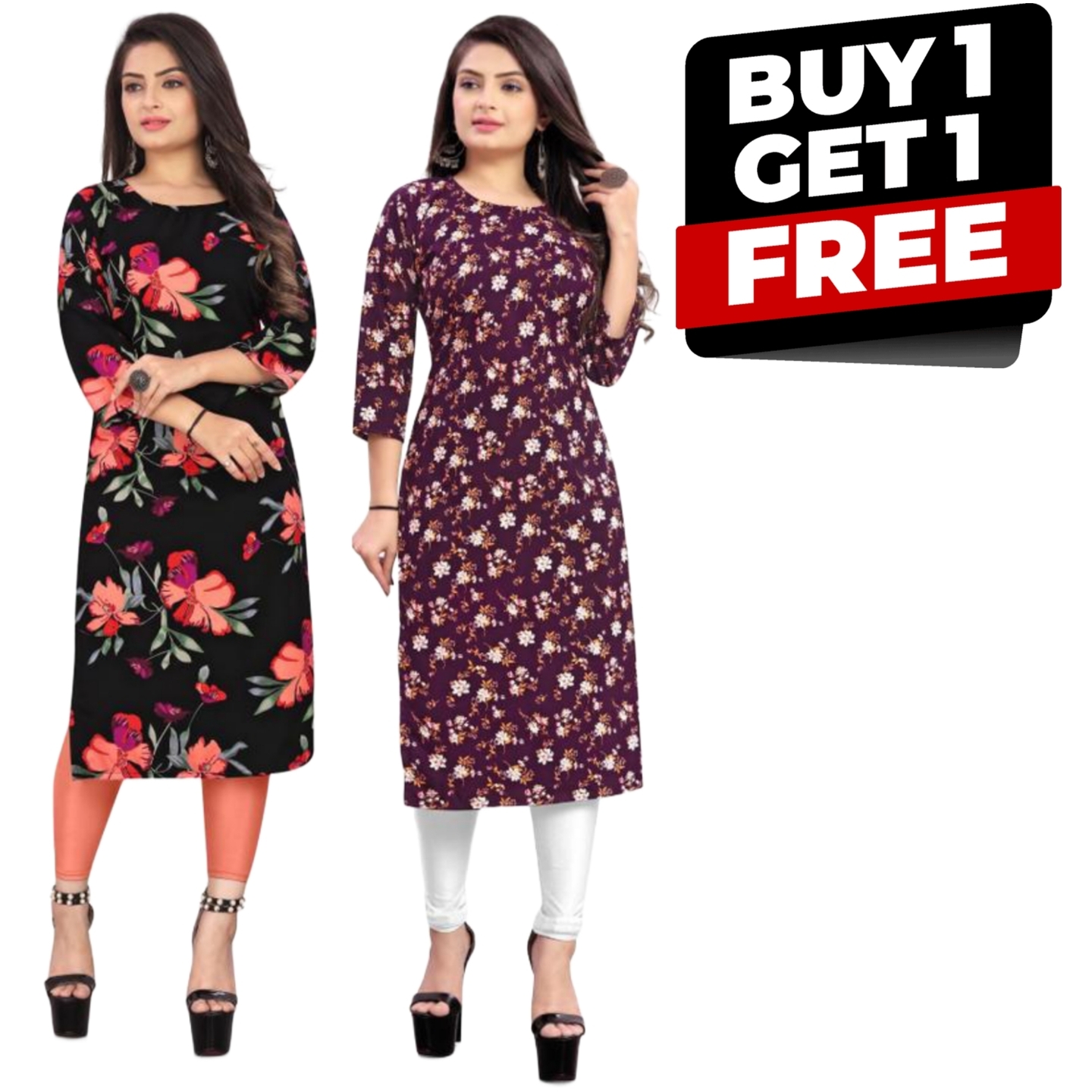 Stylish Womens Crepe MultiColor Digital Printed Straight Kurti COMBO-2 -345403780