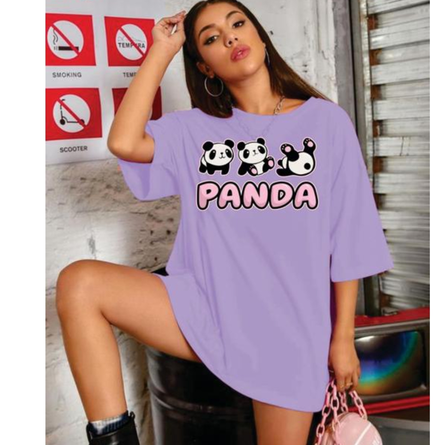 Pretty Fashionista Oversized Printed 3\4 Sleeves Off Shoulder Tee Panda TShirt  s-330668787 