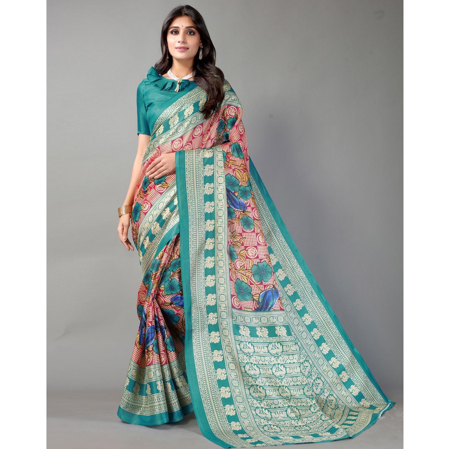 Delicate Floral Print Cotton Silk Saree (Code: C2236838)