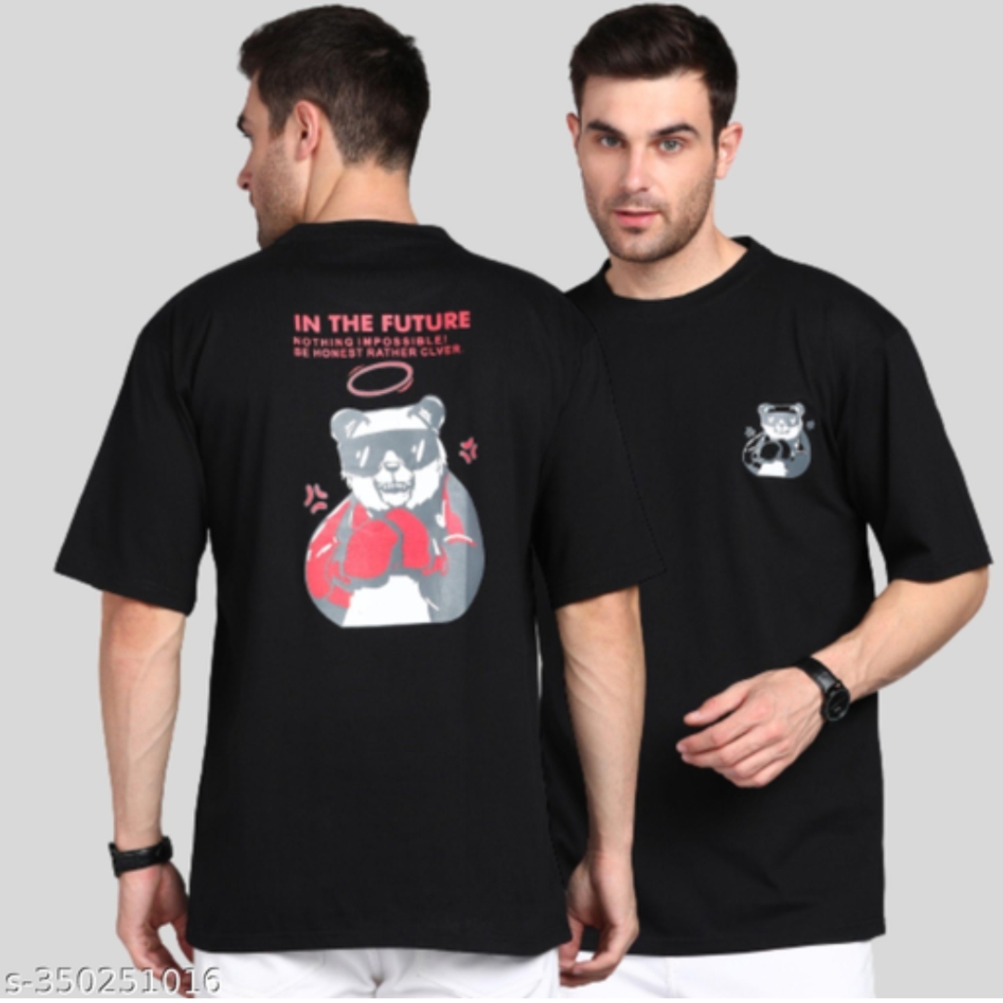 3BROS Men's Stylish Cotton Blend Back Printed Round Nack Oversize Black Tshirt 350251016