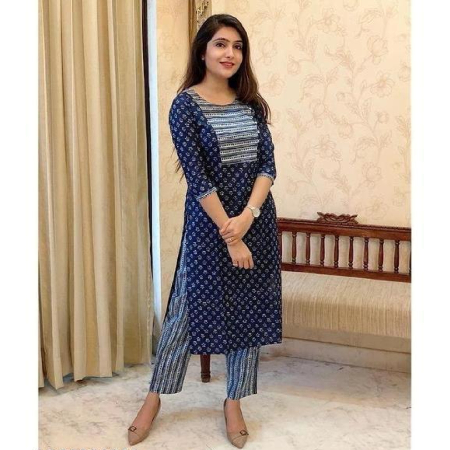 Women's and Girls" Rayon Jaipuri Printed Straight"Kurti with Pant" (Navy Blue) 153784914