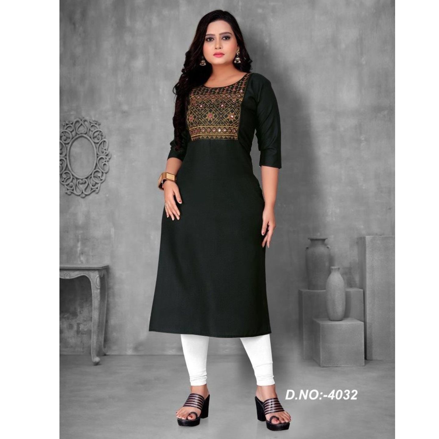 Premium Embroidered Cotton Calf Length Kurti Code C1762286
