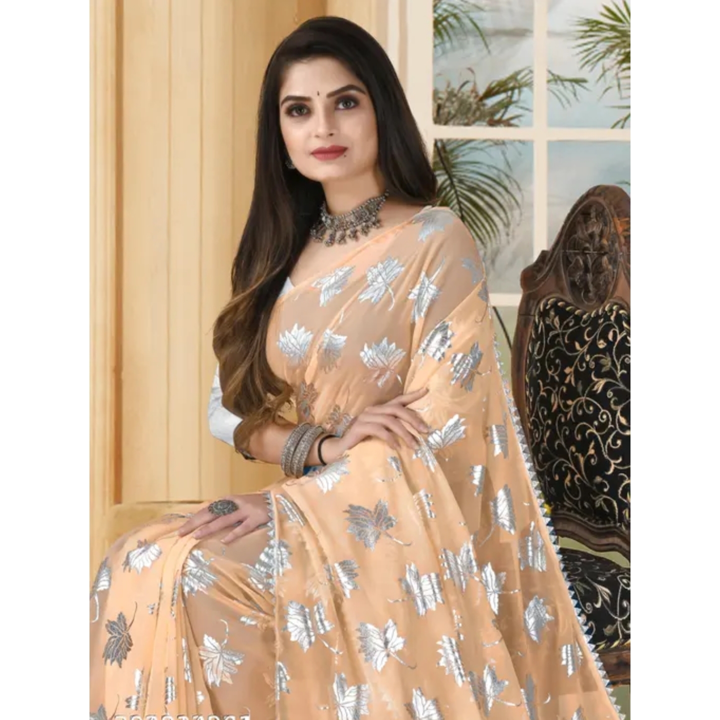 Aadishakti Fashion Silver Patti Print Saree 302814260