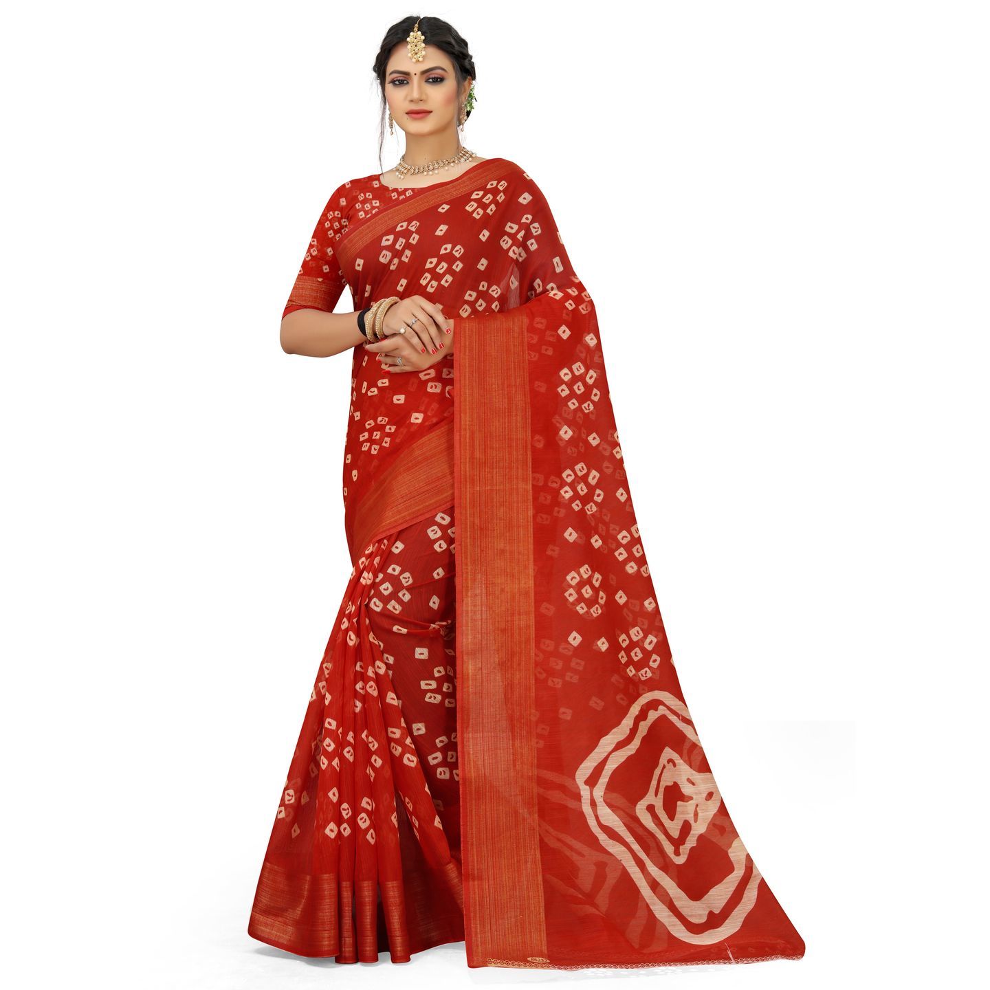 Unique Bandhani Printed Cotton Saree With Zari Border (Code: C2299917)