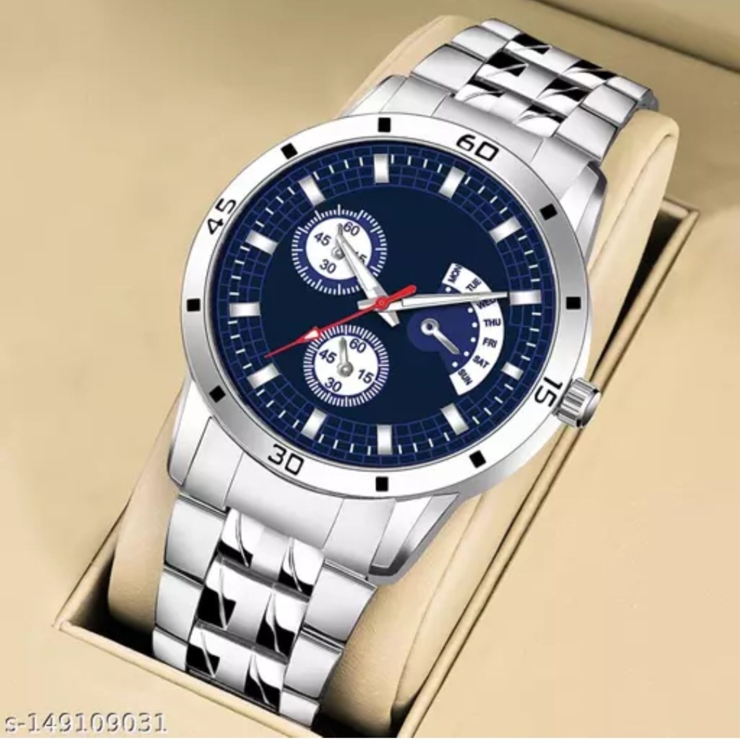 Classy Men Blue Dial Sliver Stainless Steel Analog Watch