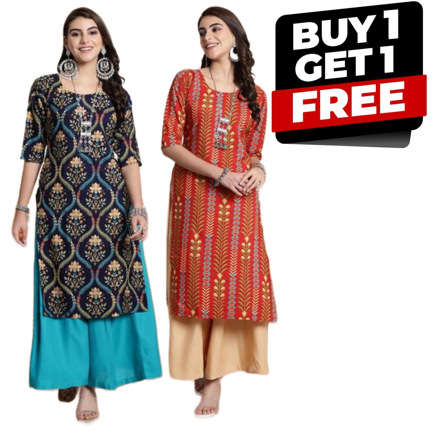 OS Internatinoal Womens Printed Straight Kurti Combo Pack 2 Kurta  351715006