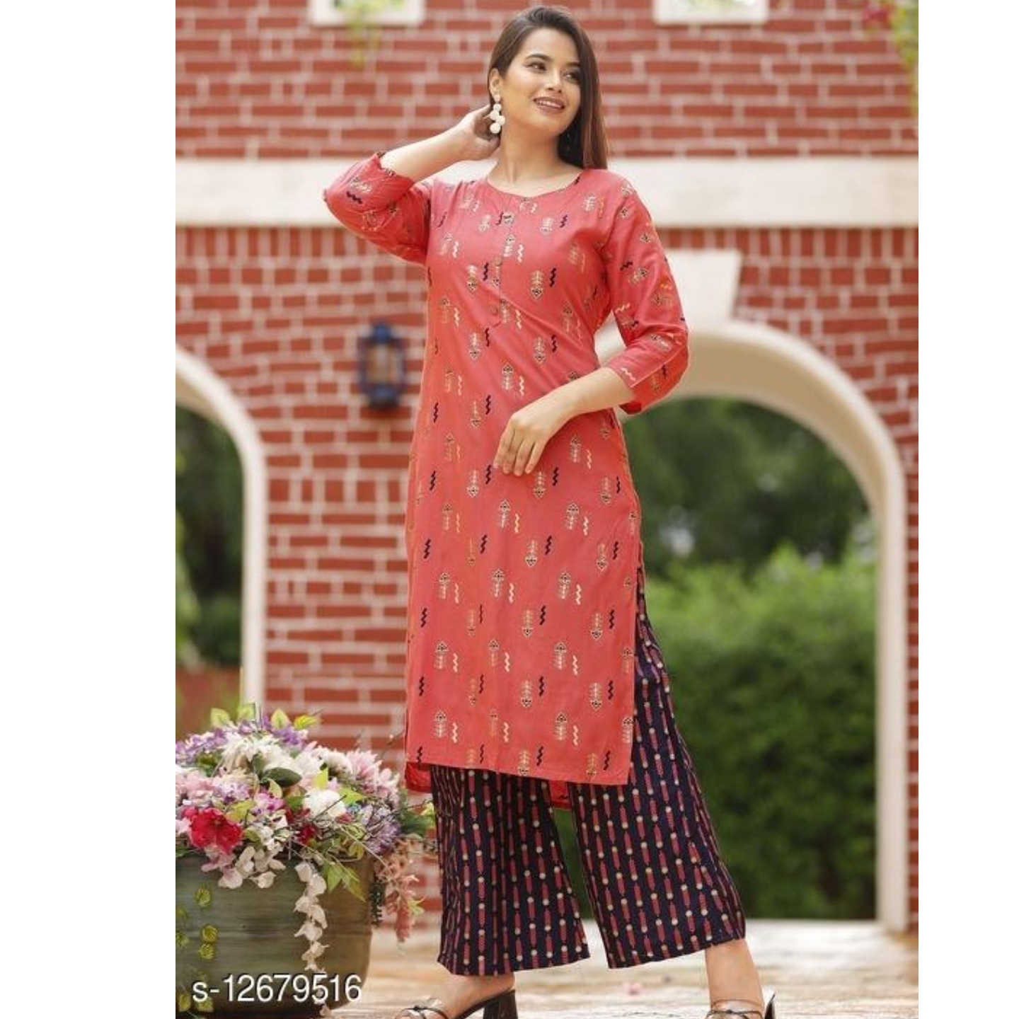 Women Rayon A-line Printed Long Kurti With Palazzos12679516