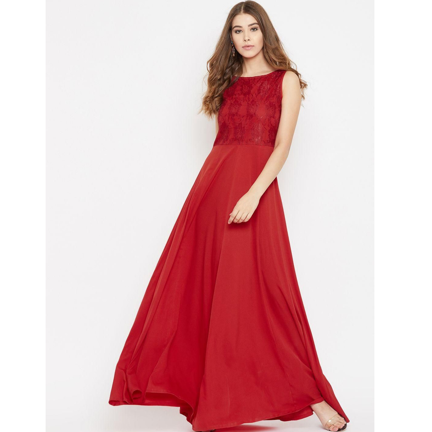 UPTOWNIE Women's Crepe Solid Lace Pattern Sleeveless Maxi Dress (Code: C2067051)