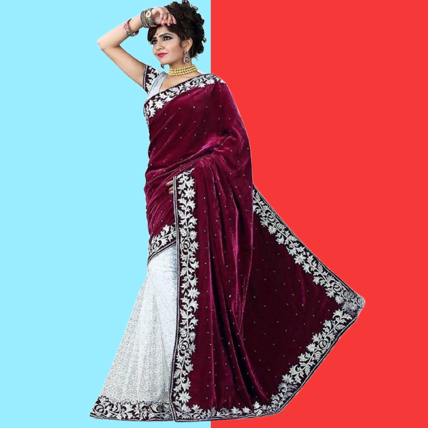 Varnam Gorgeous Embroidered Velvet Saree (Code: C1462874)