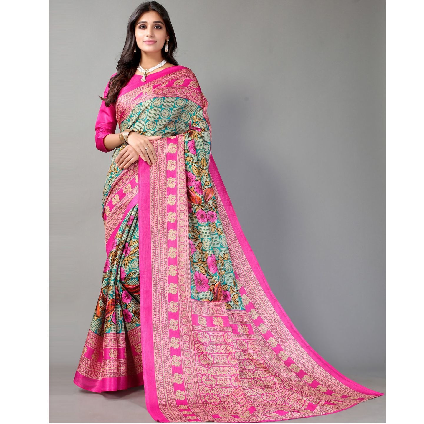 Delicate Floral Print Cotton Silk Saree (Code: C2236840)