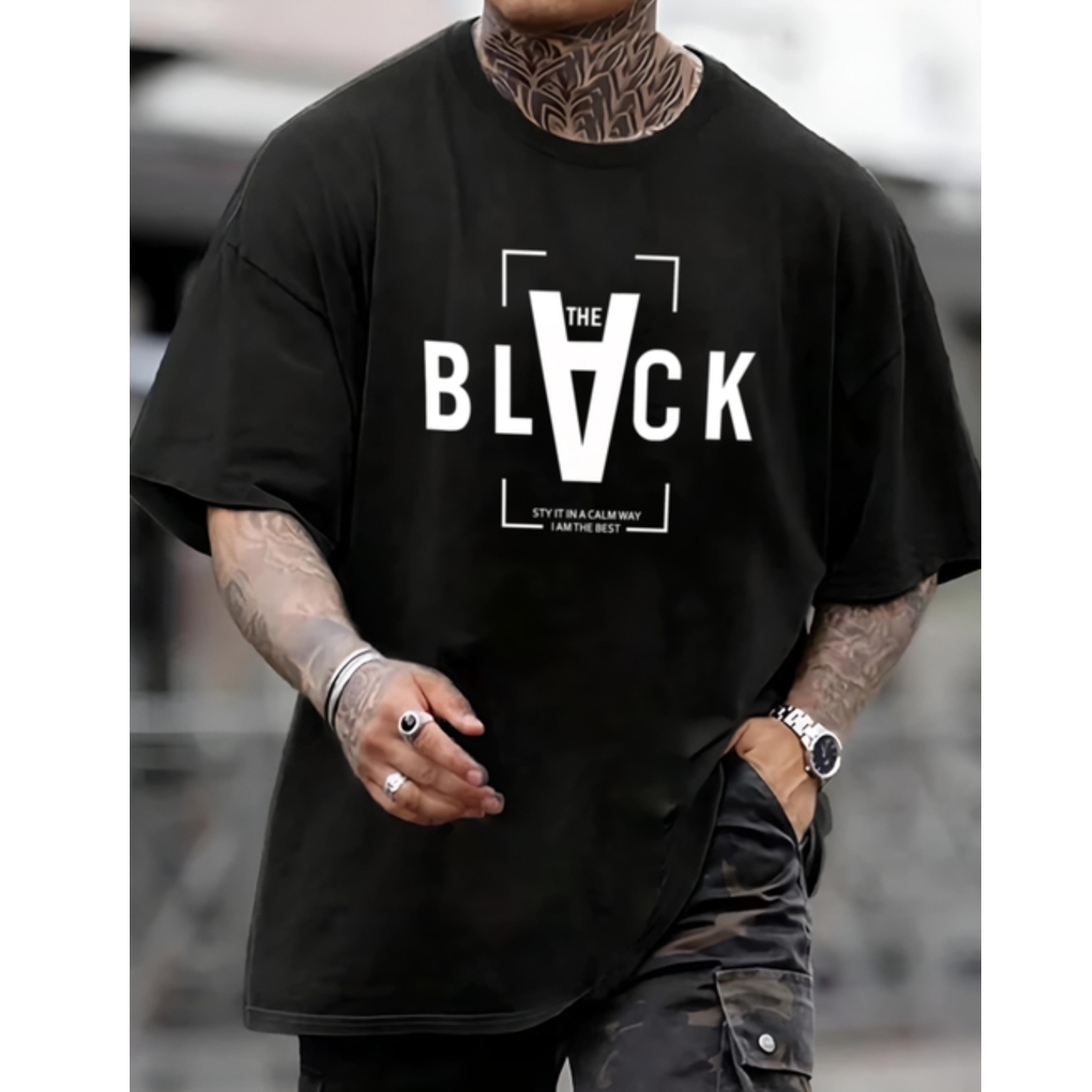 MANLINO Oversized T-Shirts for Men| Printed Round Neck Half Sleeve T-Shirt | BLACK(Black) S-301326777