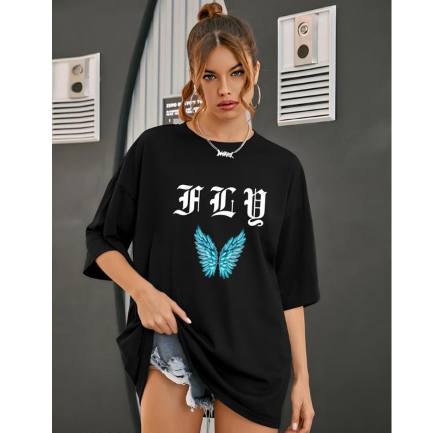 Oversized 3/4 Sleeve Round Neck White Printed T-shirt for Women s-294121578
