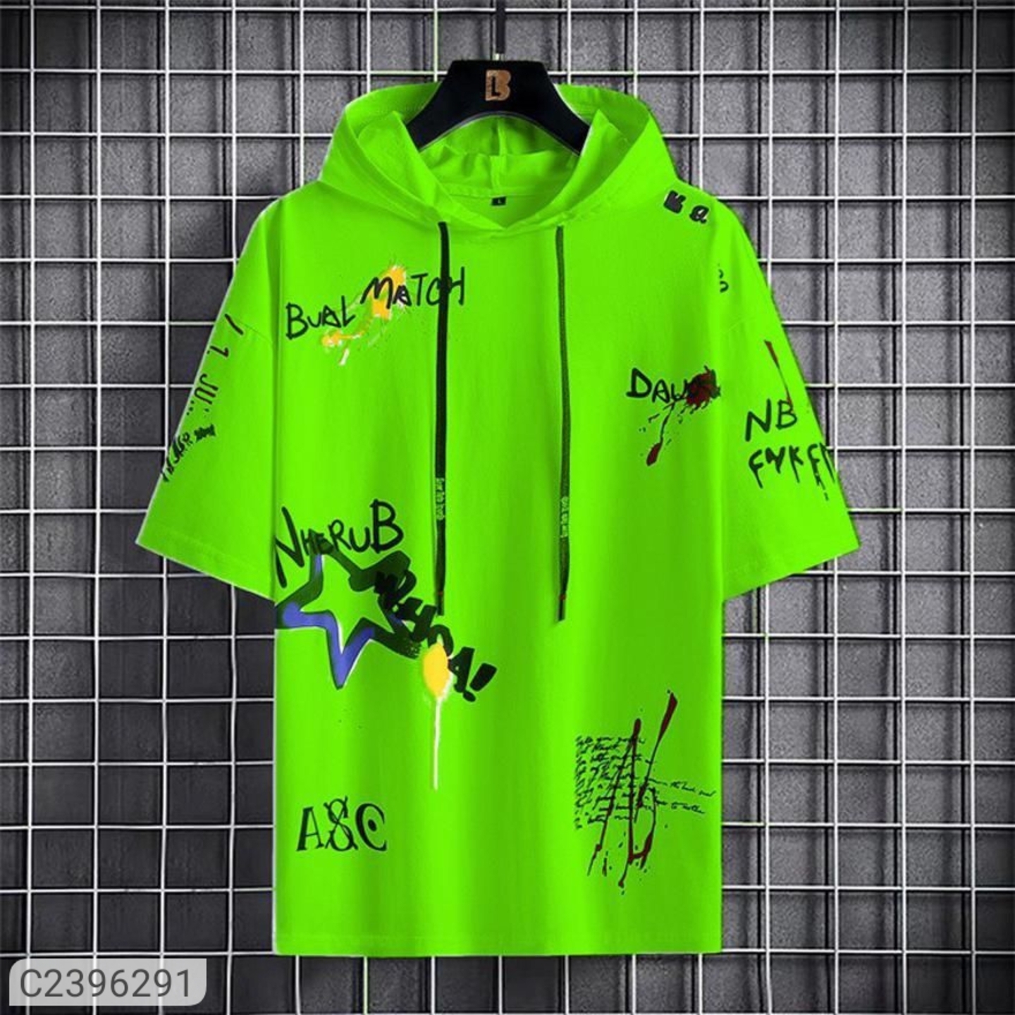 Cotton Printed Half Sleeves Mens Hooded Neck T-Shirt 2396291