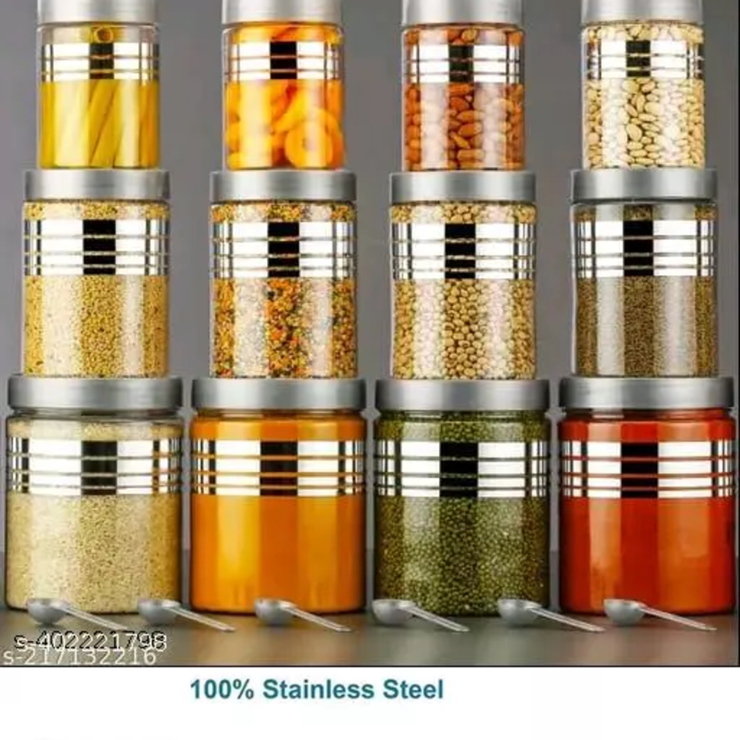 12 pcs Line Printed Storage Container With 12Pcs Spoon (FREE) , (4 Piece-1200ml , 4 Piece - 650ml , 4 Piece -350ml , ), Color - Silver Clear |BPA FREE | STORAGE CONTAINER