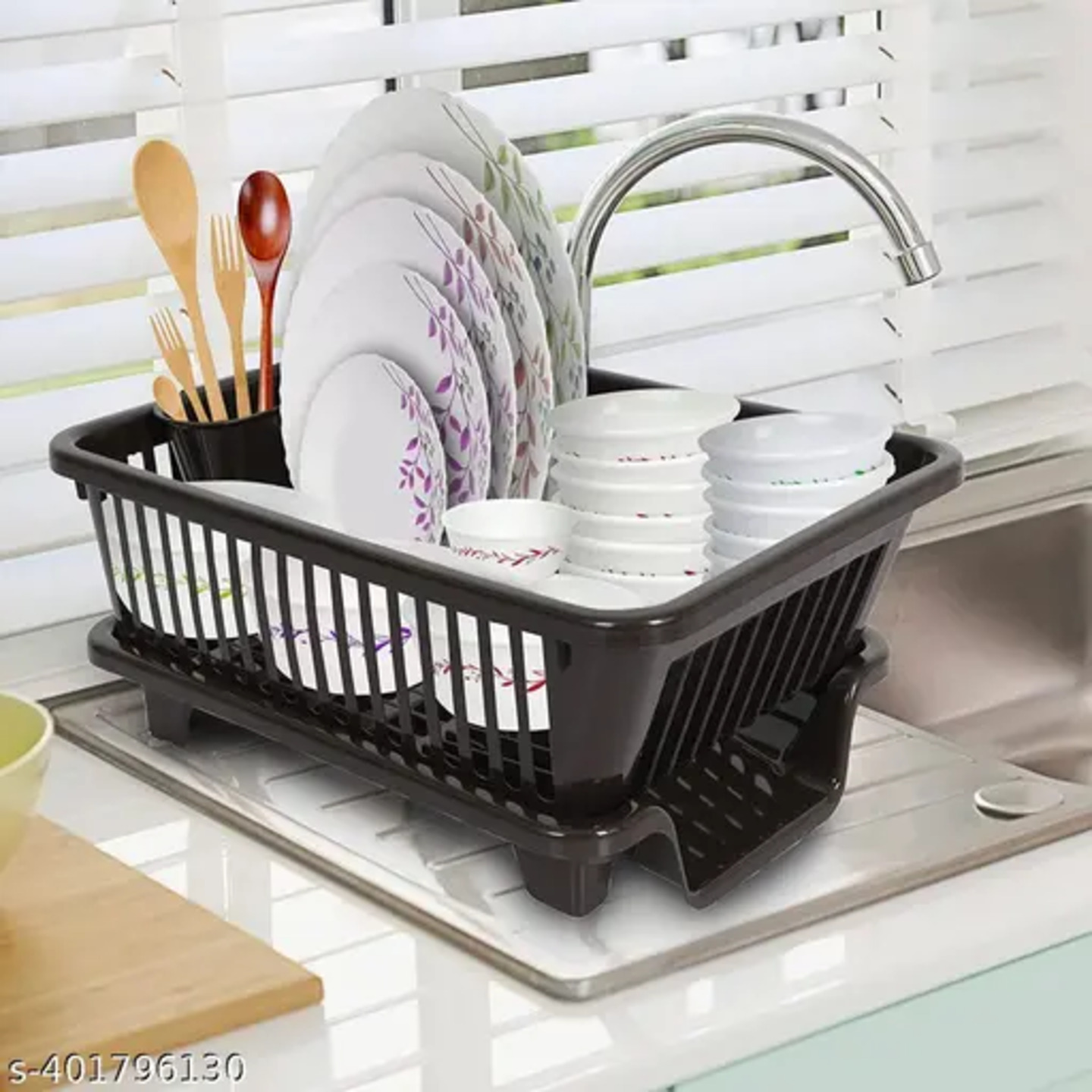3 in 1 Kitchen Sink Dish Drainer Drying Rack Utensils Washing Holder Plastic Basket Organizer with Tray and Utensil Cutlery Holder Cup (BROWN)