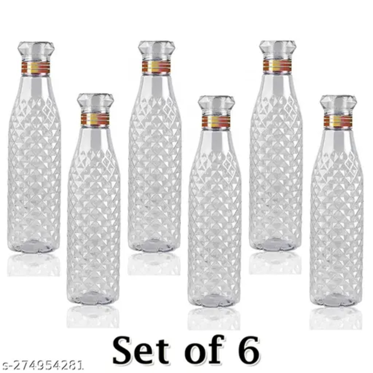 Stysol Leakproof Set of 6 Water Bottles Diamond Shape Crystal Clear Transparent Fridge Bottles Combo