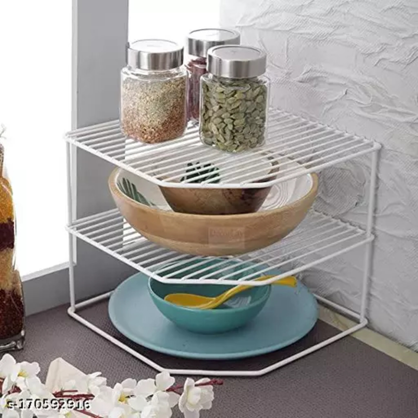 Silver Steel 2-Tier Corner Organizer Organiser/Basket for Boxes Utensils Dishes Plates for Home (Multipurpose Kitchen Storage Shelf Shelves Holder Stand Rack)