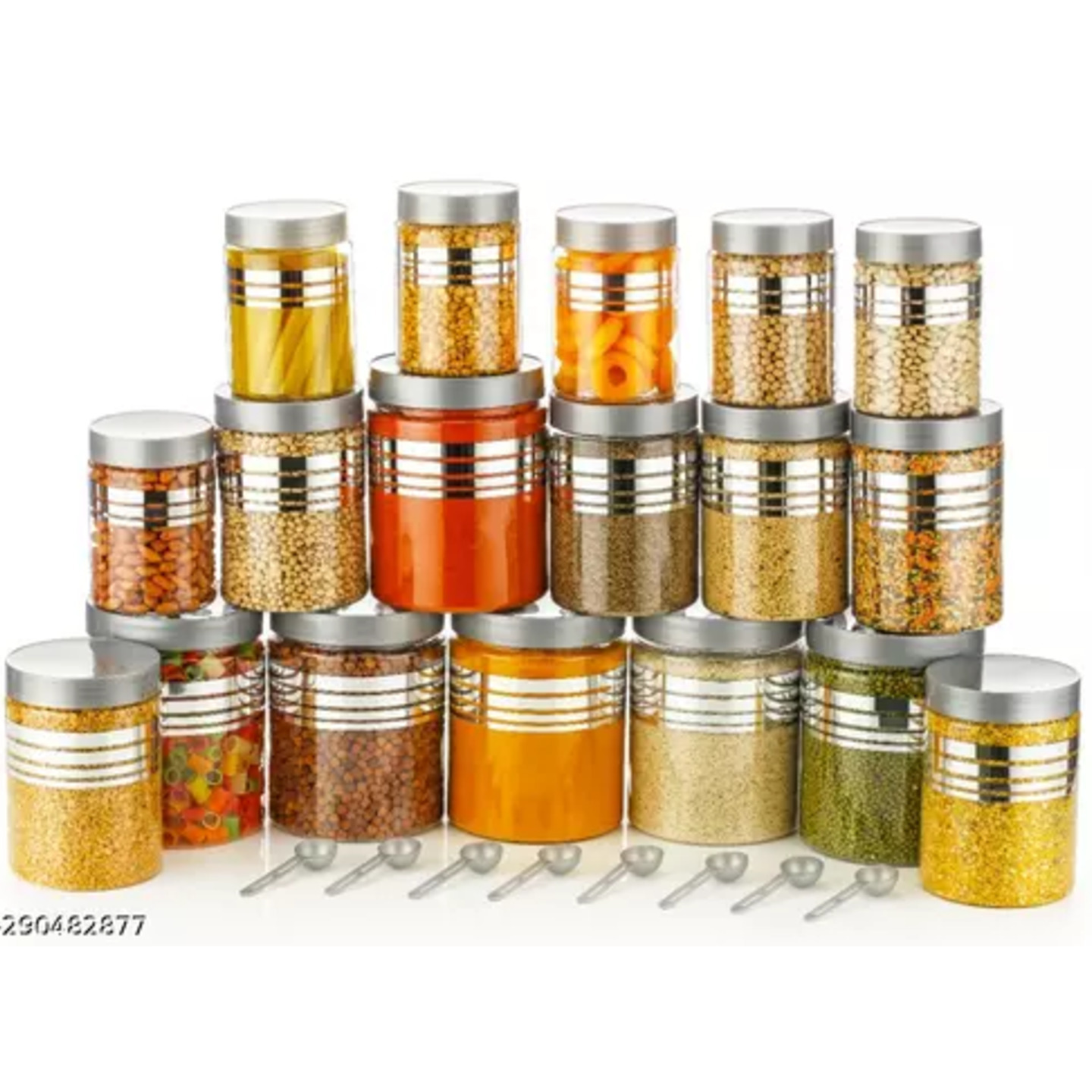 BEST BUY Round Plastic Storage Jar and Container, Set of 18 with 18 Spoons ( 6 pcs x 1200 ml Each, 6 pcs x 650 ml Each, 6 pcs x 350 ml Each), SILVER
